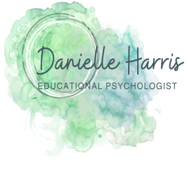Green and blue watercolour splotches with the words Danielle Harris Educational Psycologist written on top